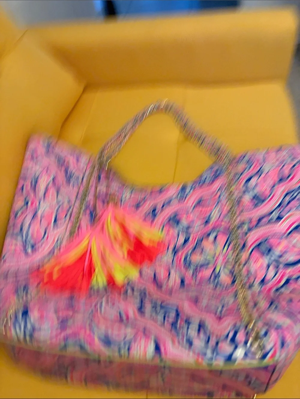 Lilly Pulitzer Can’t Resist Pink and Blue Paisley Tote Bag with Neon Tassel NWOT